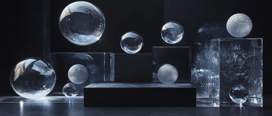 Poster - A series of clear spheres are arranged on a black background