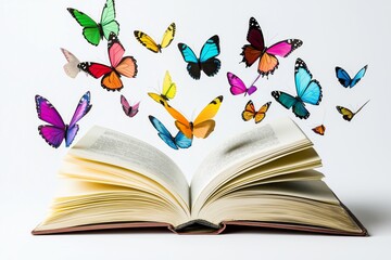 A book is open to a page with a butterfly on it. The butterfly is flying out of the book, and there are many other butterflies in the air around the book. The scene is colorful and lively