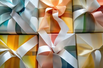 Poster - Vibrant, abstract shapes that mimic gift boxes are arranged beautifully, showcasing various colors and elegant ribbons, perfect for celebrations. Generative AI