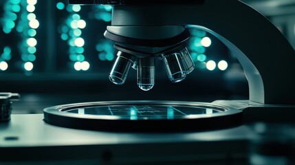 Poster - close-up of a microscope revealing intricate details of a specimen on a glass slide in a well-lit la