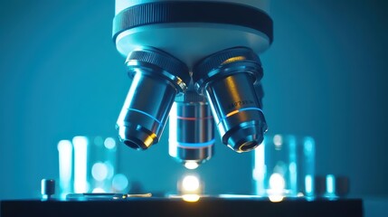 Poster - close-up of a modern microscope with illuminated sample on laboratory table.