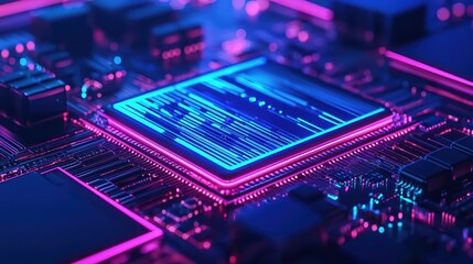Poster - Close-up view of a vibrant microchip with neon lights, showcasing intricate electronic components.