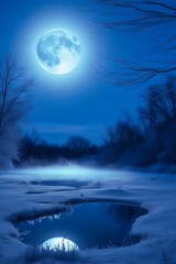 moon over a pond of water in winter night scene depicting a frosted pond, illuminated solely by the 
