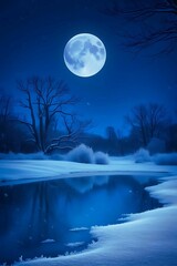 Wall Mural - winter night scene depicting a frosted pond, illuminated solely by the soft, gentle glow of a full moon suspended low in the dark blue sky
