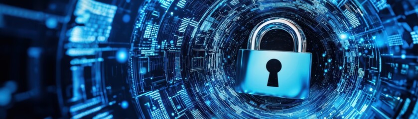 Poster - Digital lock symbolizing security in a futuristic tech environment, surrounded by data streams and circuits.