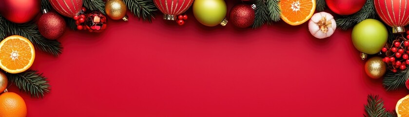 Wall Mural - Festive Christmas decorations with ornaments and fruits on a vibrant red background.