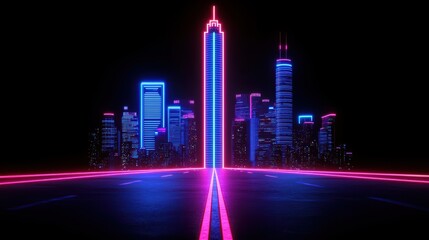 Wall Mural - Futuristic city skyline with neon lights and vibrant colors at night, creating a captivating urban scene.