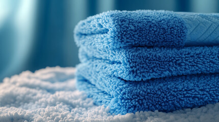 
A 3D render of a stack of towels with blue colors, sharp details,