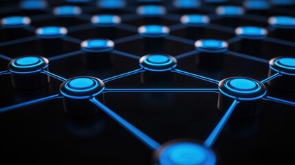 Poster - Futuristic network of interconnected circles with glowing blue lines on a dark background.