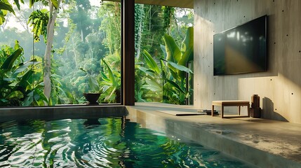 Wall Mural - stool and television with remote next to a glistening pool with a view of the jungle