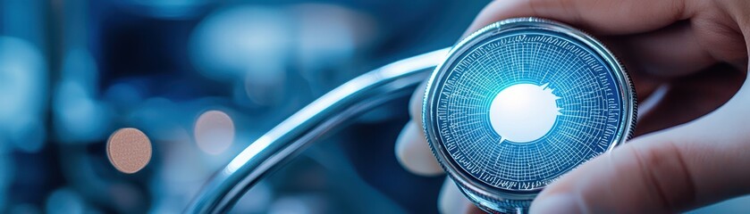 Poster - Hand holding a medical device with a glowing circular interface, modern health technology concept.