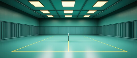 Indoor badminton court with turquoise walls and bright ceiling lights ready for a match.