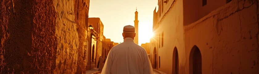 Individual walking down ancient street at sunset, showcasing heritage architecture and warm golden light.