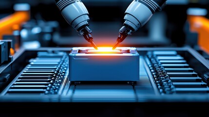 Poster - Precision robotic arms assembling components in a high-tech manufacturing facility.