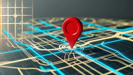 Poster -  A city navigation map with a highlighted red location pin, illuminated streets, and D grid, perfect for travel and tech themes
