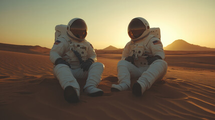 Two astronauts in white space suits standing on the sand dunes of Mars, looking at distant mountains. The photography has a cinematic style