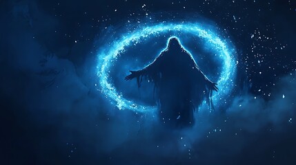 Poster - A mysterious being of translucent mist surrounded by an enigmatic glow embracing the unknown in a dark atmosphere