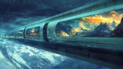 Aufkleber - A journey through time a futuristic train traversing dreamlike landscapes of majestic mountains and ethereal skies