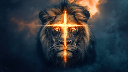 Lion of Judah with cross, Christian religion symbol, faith in Jesus and God, Bible king illustration, church Christianity animal emblem of power