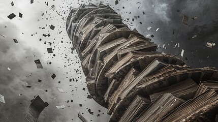 Poster - A majestic spiraling tower of ancient books rising against a turbulent sky each page whirling in the wind