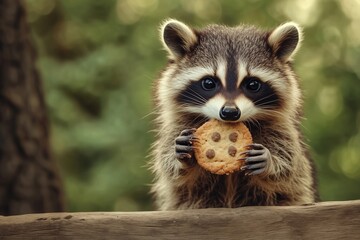 Wall Mural - A cute raccoon holding a cookie in its paws, showcasing playful wildlife behavior.