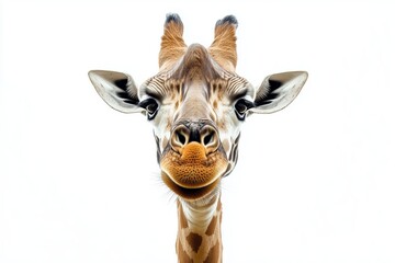 A fun and quirky portrait of a giraffe, upside down, its long neck and curious face presented against a stark white background, a playful twist on wildlife photography