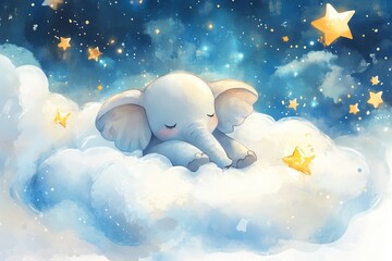 Wall Mural - A sweet and adorable watercolor illustration of a little elephant sleeping peacefully on a fluffy white cloud, surrounded by twinkling stars. This image embodies dreams, innocence, and the magic