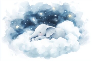 Wall Mural - A sweet and adorable watercolor illustration of a little elephant sleeping peacefully on a fluffy white cloud, surrounded by twinkling stars. This image embodies dreams, innocence, and the magic