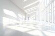 © Kristina - Blank white wall mockup in sunny modern empty gallery, 3d rendering. Clear big stand mock up in museum with contemporary art exhibitions. Large hall interior with wide banner exposition template.