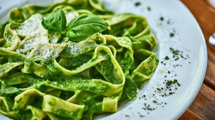 Pasta with spinach, healthy cooked dish from homemade recipe, delicious green plate of Italian food, cheese topped cuisine with creamy sauce