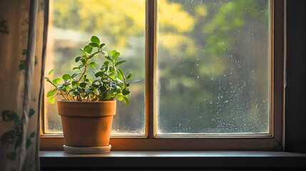 Windowsill with potted greens, garden inspired home decor, houseplants for indoor interior growth, leafy nature indoors, natural gardening for plant enthusiasts