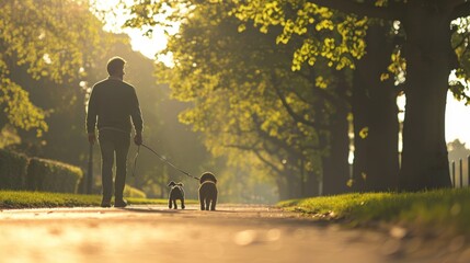 Wall Mural - Man Walking Two Dogs Through a Park