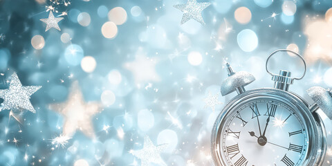 Wall Mural - blue background with a clock and stars. the clock is set at 12:00. the stars are scattered throughou