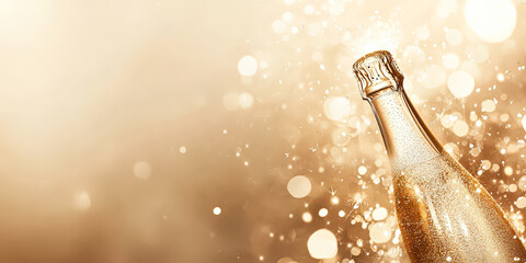 Wall Mural - bottle of champagne is shown with a blurry background. the bottle is open and the bubbles are rising