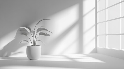 Poster - Bright minimalist interior space featuring sunlight and shadows rendered in 3D