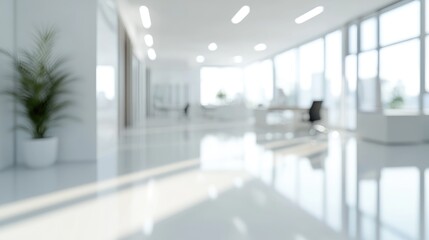 Poster - 3D rendering of an abstract blurred image showcasing a modern open space office with a white interior and complete furnishings for design background concepts