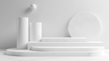 Poster - Abstract background featuring geometric shapes with minimal cylinder podium and cube steps Empty showcase with white platform or backdrop ideal for product display 3D illustration rendering