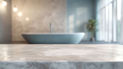 Poster - 3d rendering of an empty marble top table with a blurred bathroom interior background for product di
