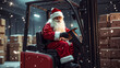 © Kostya - A man dressed as Santa Claus driving a forklift in a warehouse