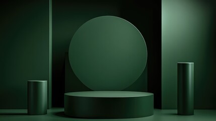 Poster - Dark warm green 3D illustration featuring a minimalistic product display background with a top view of a single cylinder and circular podium