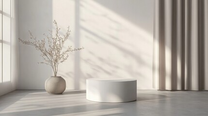 Poster - White cylindrical product display in a neutral room studio setup for minimalistic product presentation 3D rendering