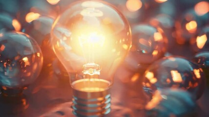 Poster - Glowing Light Bulb Illuminates Warm Atmosphere with Bright Reflections in Glass Design, Showcasing Energy and Creativity in Captivating Visuals.