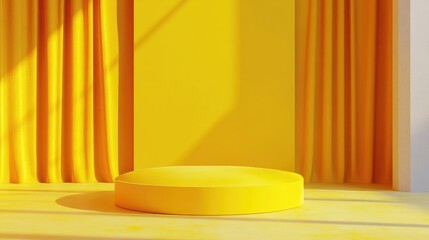 Poster - Empty interior featuring a yellow pedestal on a vibrant backdrop with a blank display for showcasing products 3D rendering