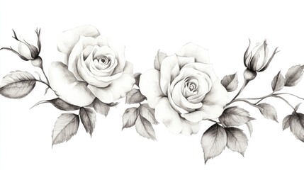 Poster - Roses isolated on a white background depicted in ink and watercolor showcasing traditional oriental art in a monochrome style