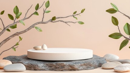 Poster - premium paper podium on a pastel background featuring plant branches leaves pebbles and natural ston