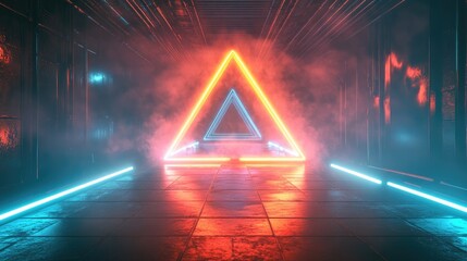 Poster - Neon Illumination Triangle with a Radiant Glow 3D rendering featuring futuristic VJ motion graphics ideal for club events and projection mapping with a high tech ambiance