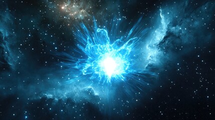 bright blue star shining in deep space with a stellar explosion behind star clusters illustrated in 