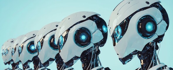 Poster - Manufacturing, industry 4.0, M2M, 3D robots, automated teamwork, AI chatbots, futuristic engineering background, digital technology industry revolution, smart factories