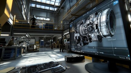 Poster - An automation engineer uses a laptop to program a robot arm while a female mechanical engineer designs a 3D engine on her personal computer.
