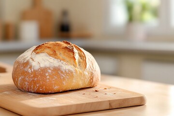 A freshly baked loaf of bread on a wooden cutting board.